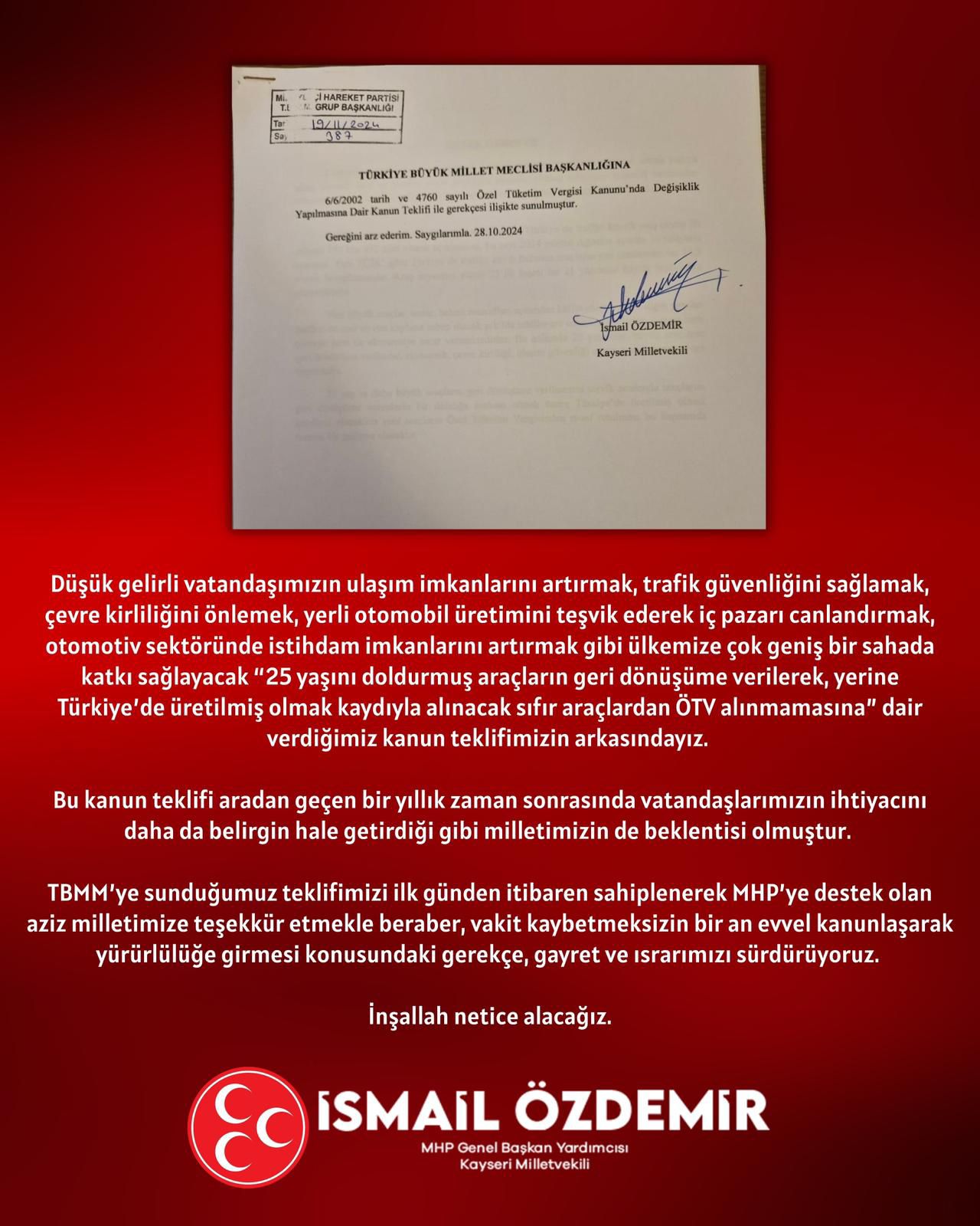 MHP'den "Hurda Araç" Teklifi için Israr Kararı